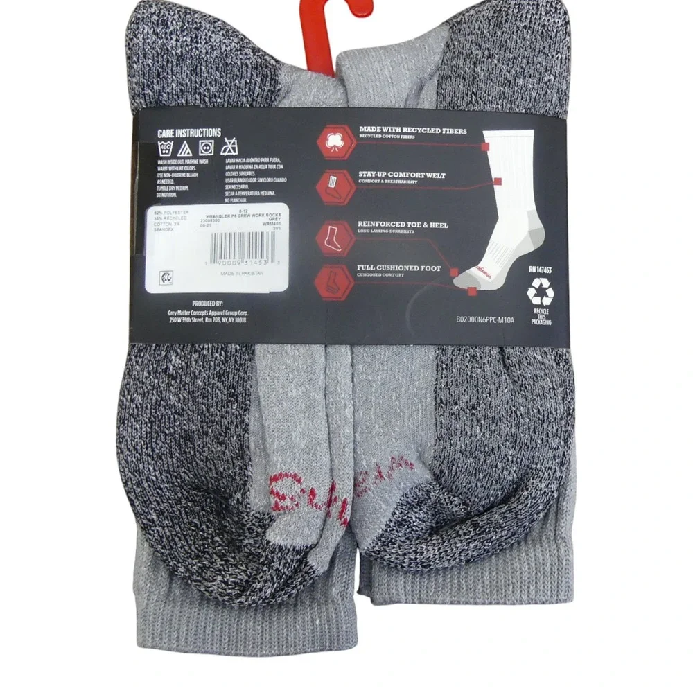 Wrangler Cushion Crew Work Socks Mens 6-12 Grey New 6 Pairs Pack WRM401